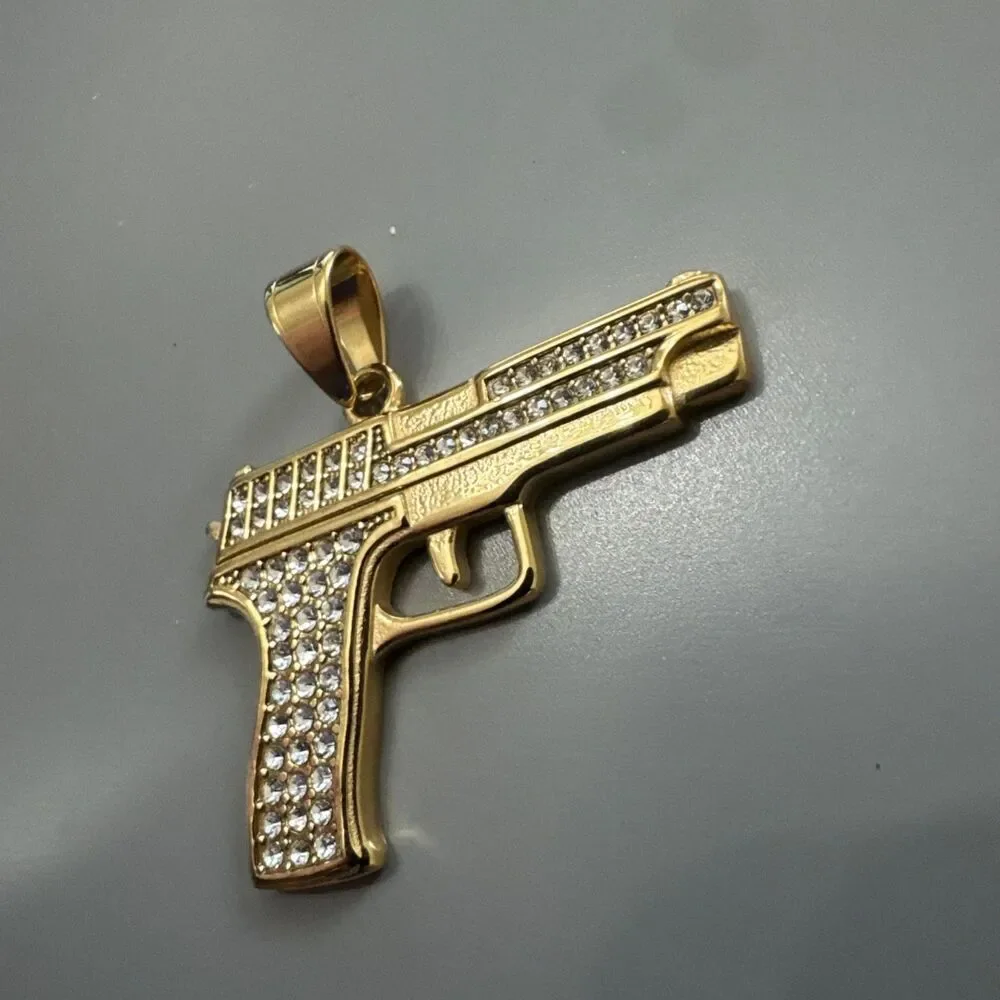 Stainless Steel Pendant Gun Glock Hip Hop Cubic Zirconia 24” Chain Gold Plated